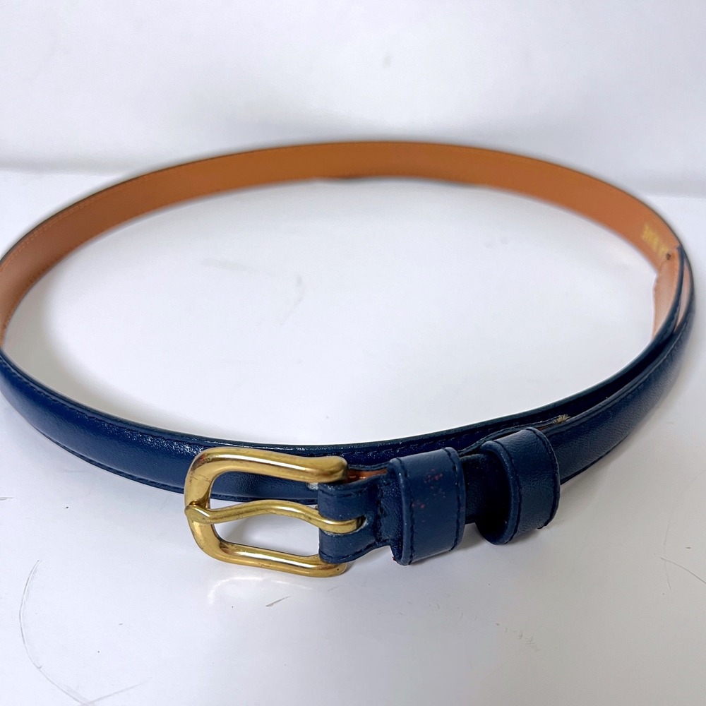 La Rue Navy Blue Leather Belt Womens Medium Solid Brass Buckle Slim Gold Tone